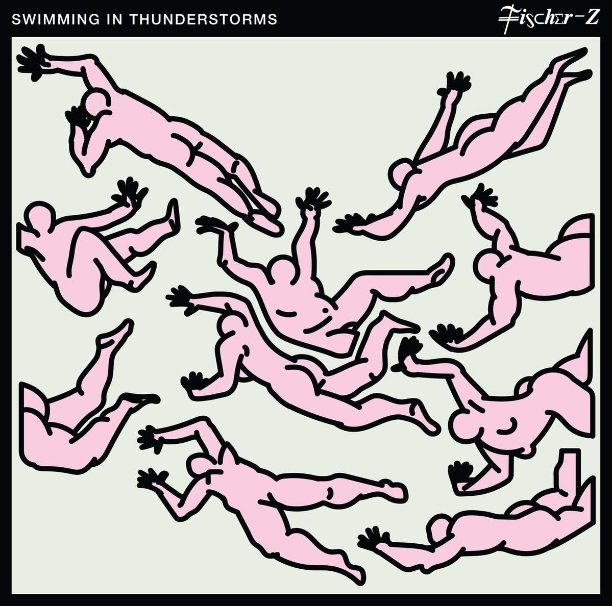 Albumcover: Swimming in Thunderstorms. Pinke Figuren schwimmen auf hellgrünem Hintergrund.