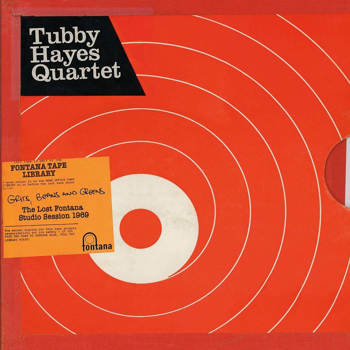Pochette d'album : Tubby Hayes Quartet - Gris, Beans and Greens. Un design rétro rouge et blanc avec du texte et un cercle.