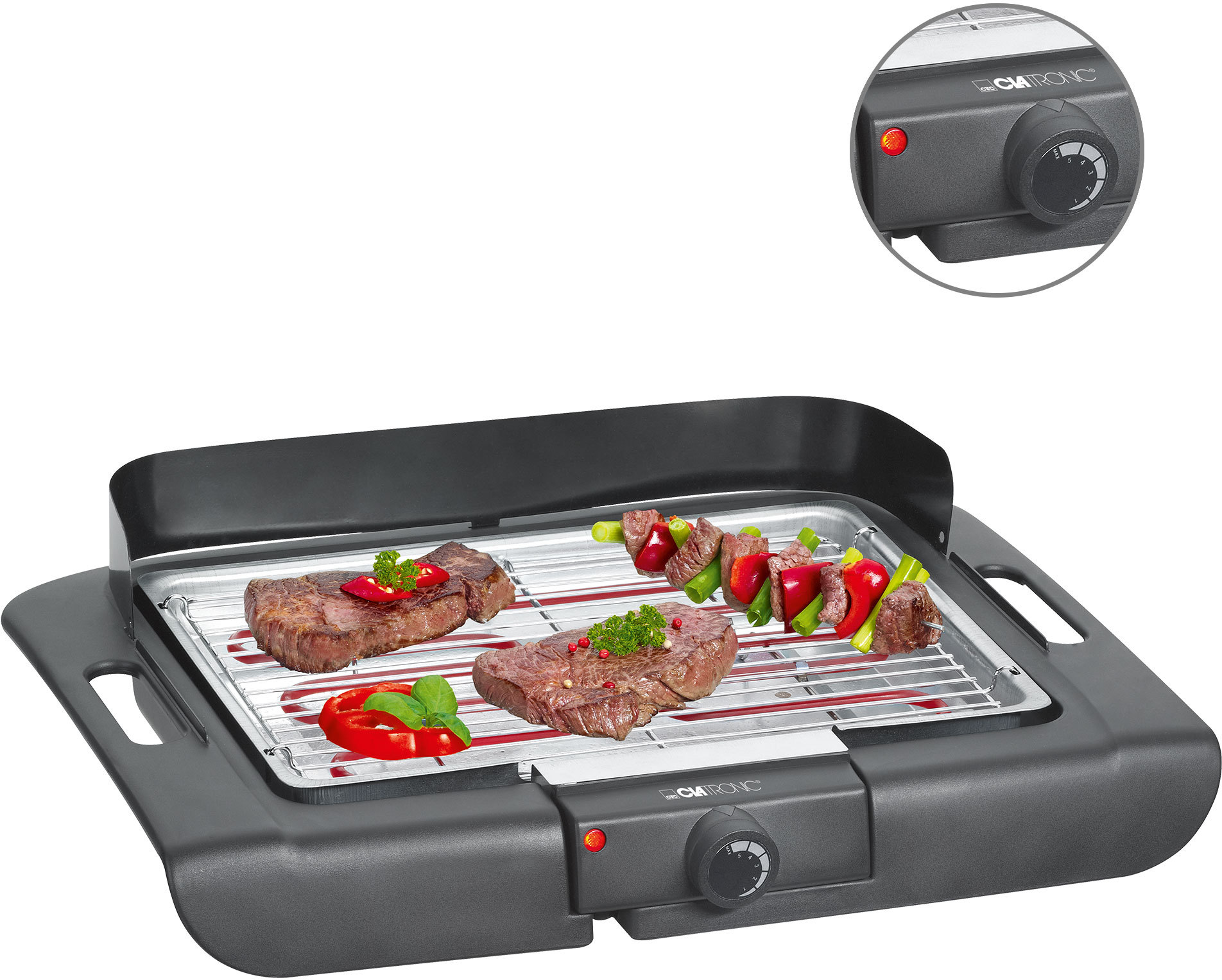 Elektrischer Grill mit Steaks und Gemüse. Eine Nahaufnahme des Bedienknopfs wird ebenfalls gezeigt.