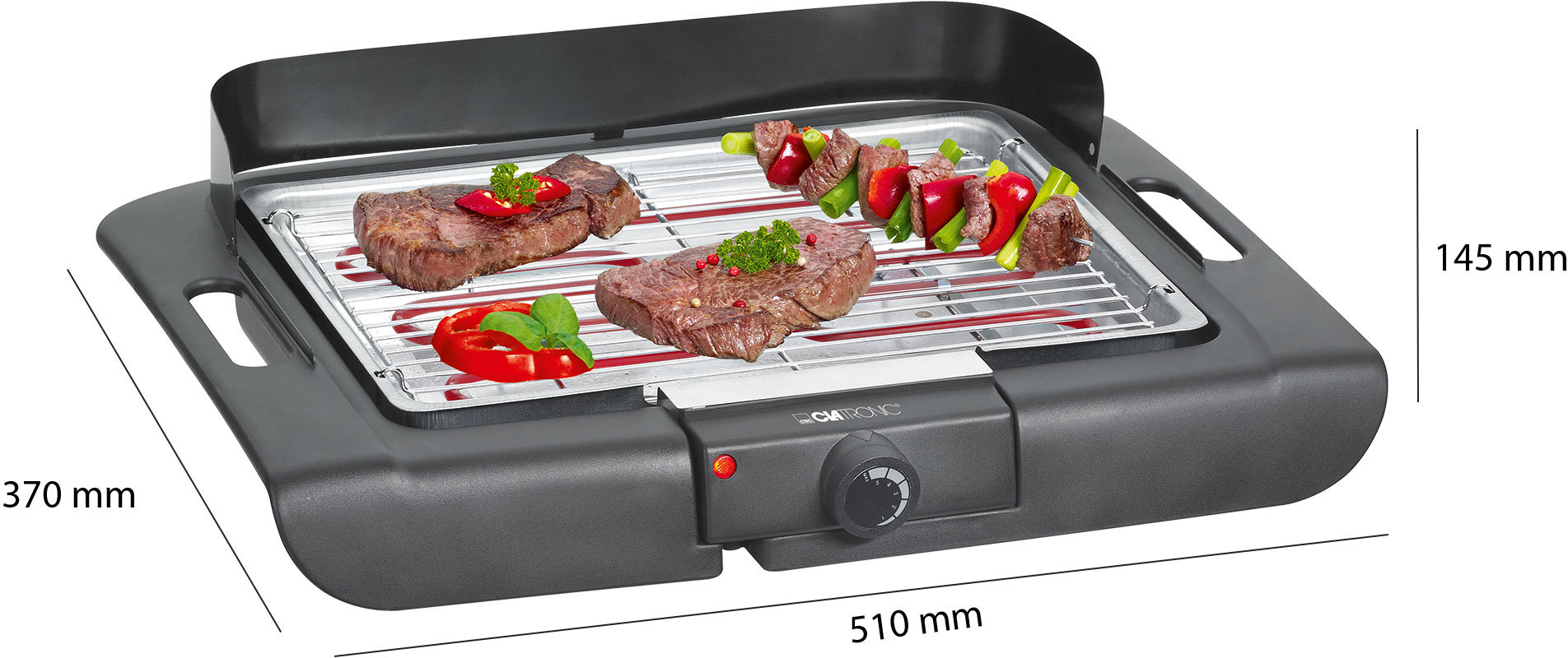 Elektrischer Grill mit Steaks und Spießen. Abmessungen: 370x510x145 mm.