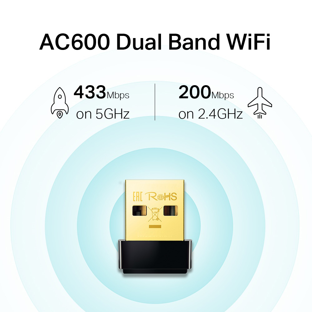 AC600 Dual Band WiFi-Adapter mit USB-Anschluss, zeigt Geschwindigkeiten.