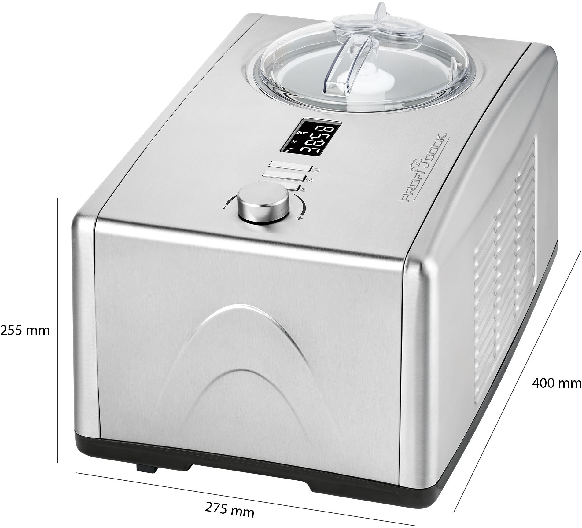 Silberfarbene Eismaschine mit durchsichtigem Deckel, Digitalanzeige und Maßen.