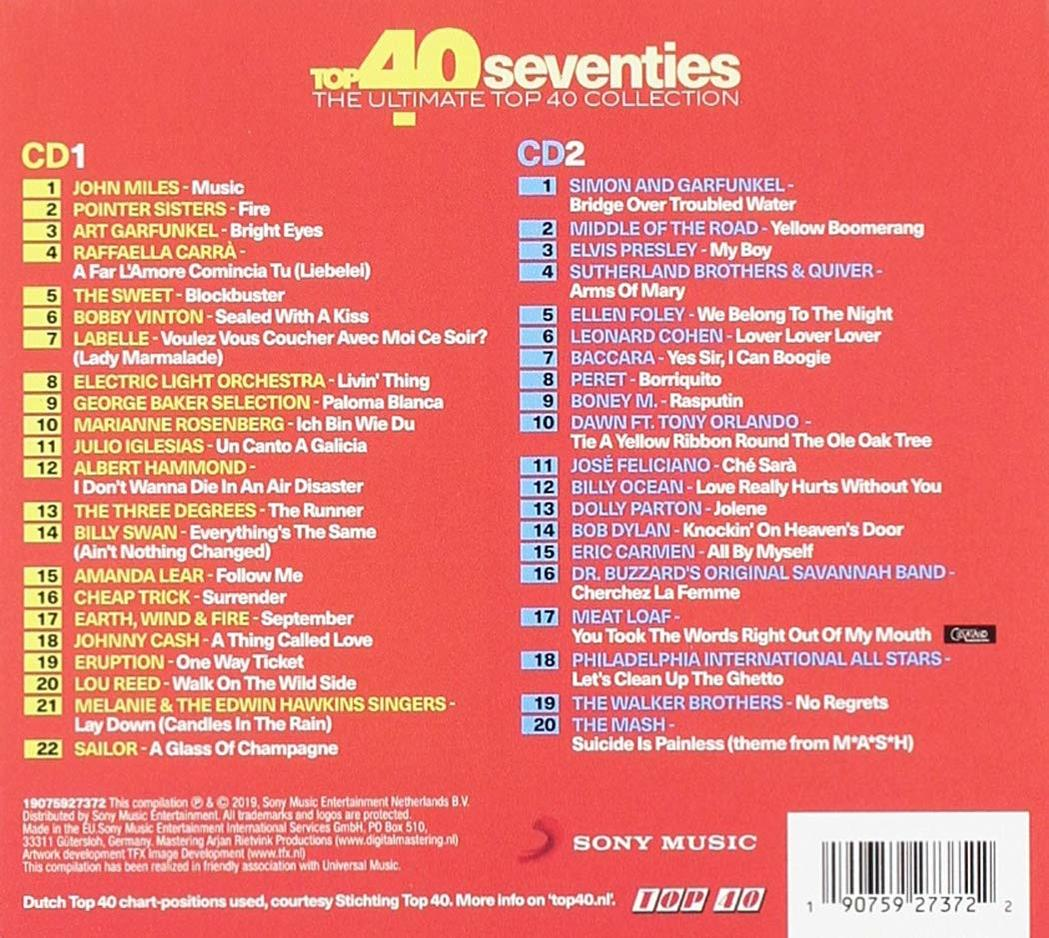 CD-hoes met tracklisting van 'Top 40 Seventies' compilatiealbum. Voorzien van Sony Music logo en details.