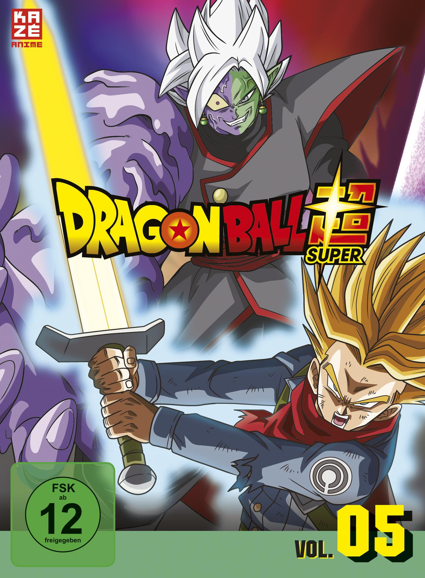 DVD-Cover für Dragon Ball Super Vol. 05, mit Anime-Charakteren und Text auf Japanisch.