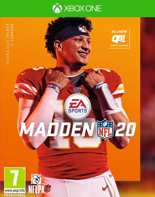 De gamebox van Madden NFL 20 bevat Patrick Mahomes, in rood-wit uniform, met het NFL-logo en tekst.