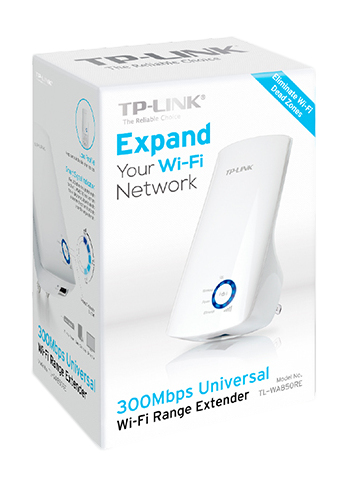 Beyaz TP-Link Wi-Fi menzil genişletici. Kutu ve antenli bir cihazı var. Cihaz beyaz.