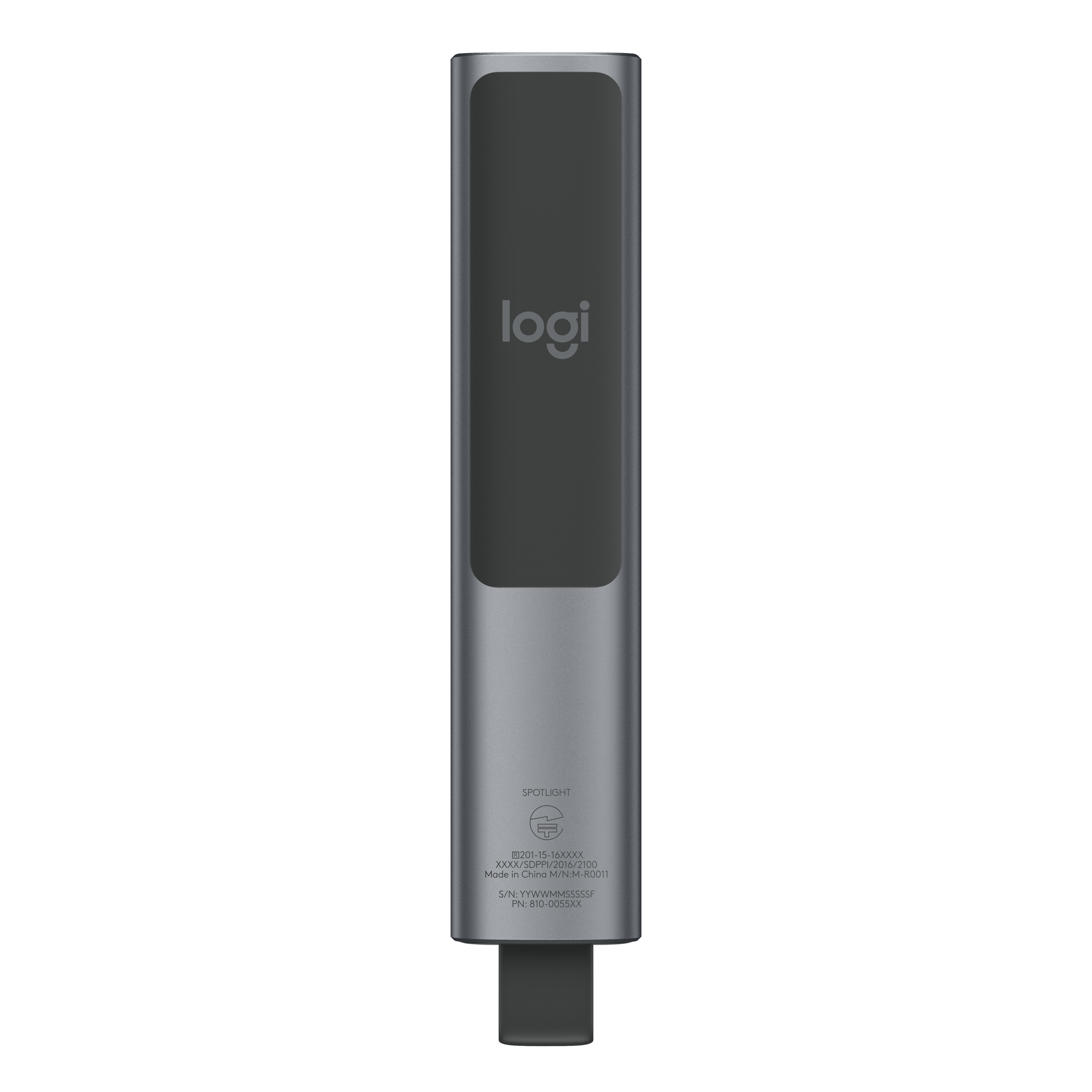 Koyu gri gövdeli ve USB portlu Logi uzaktan kumandası.