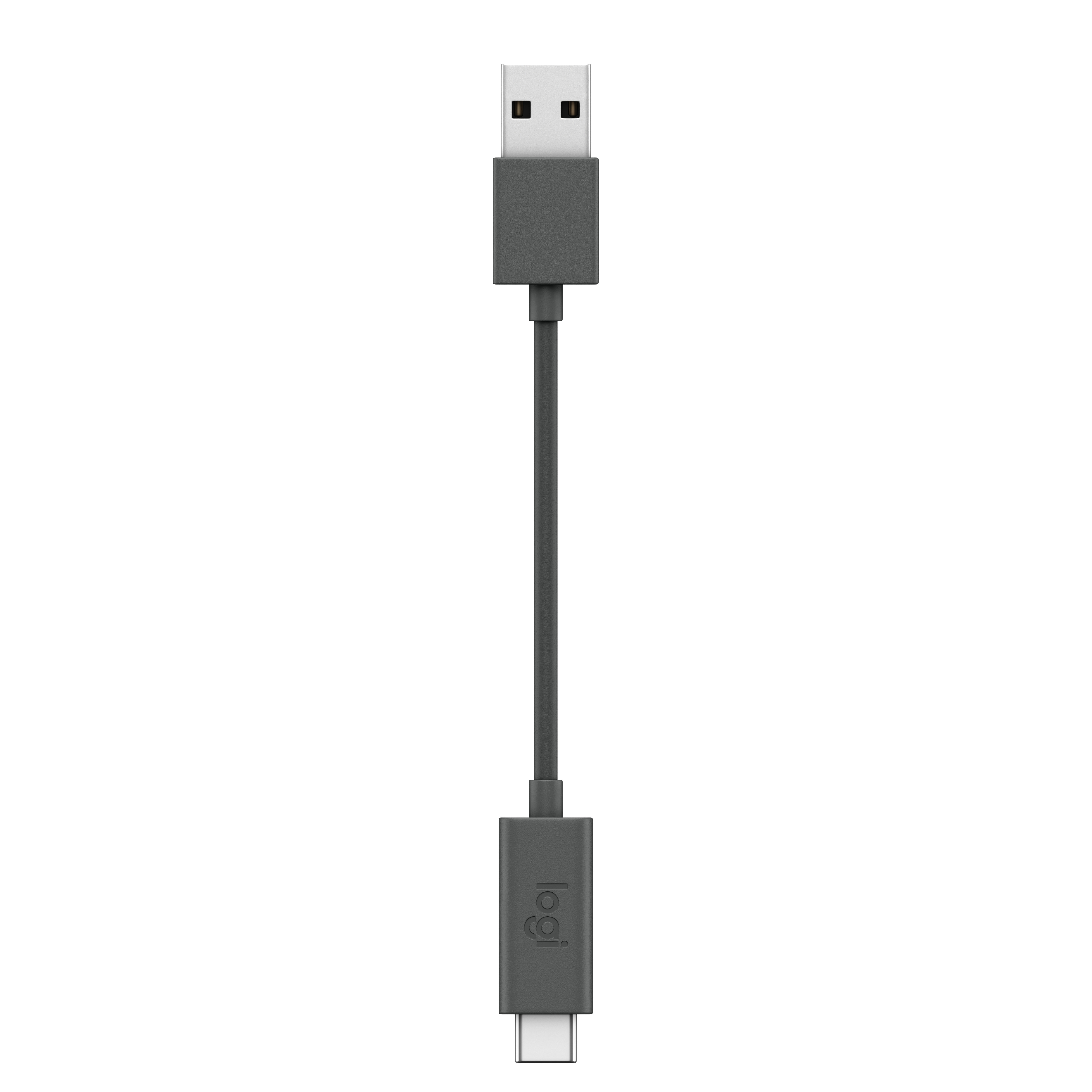 Logi logosu ile gri bir USB-A - USB-C kablosu.