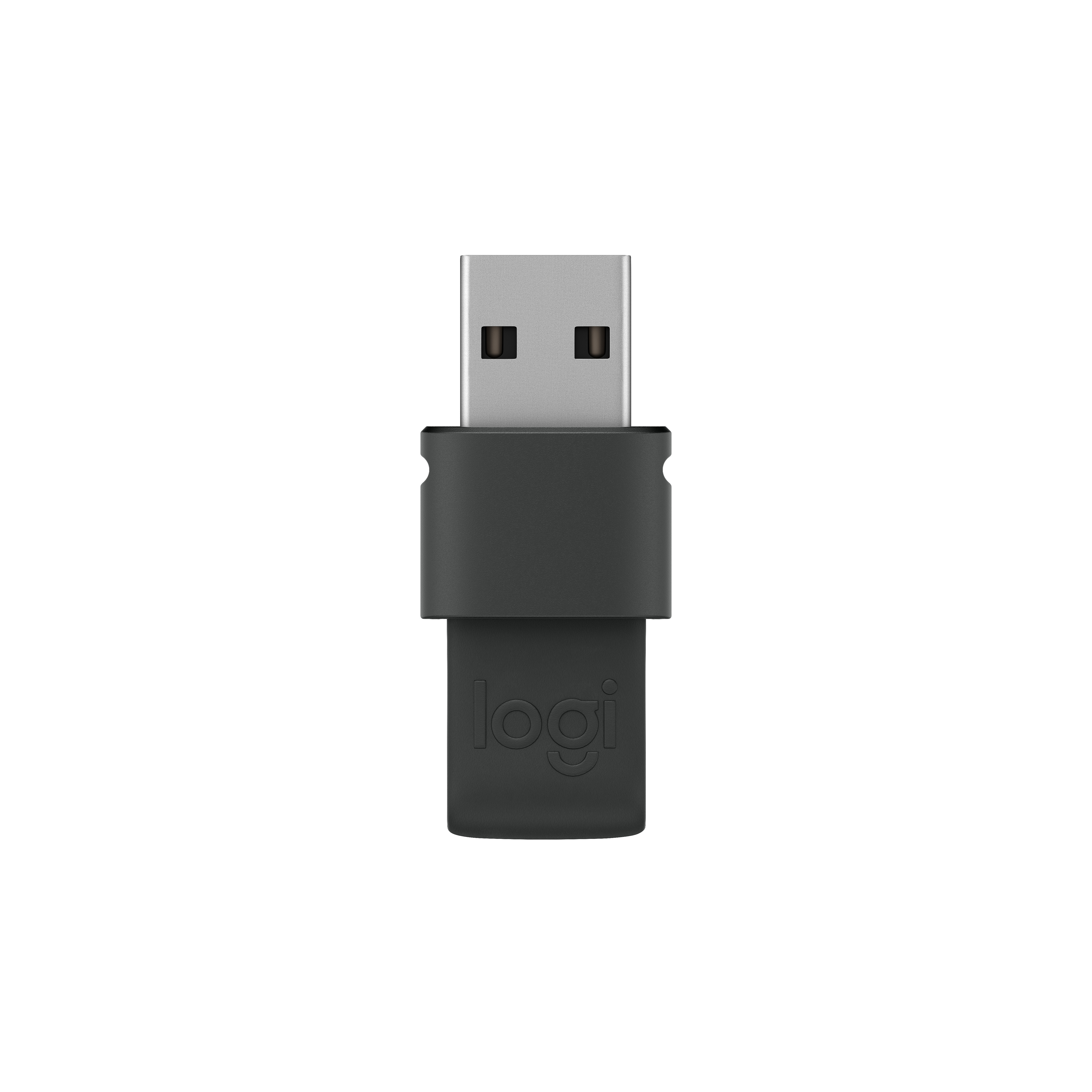 Logitech logosu bulunan siyah ve gri bir USB dongle.