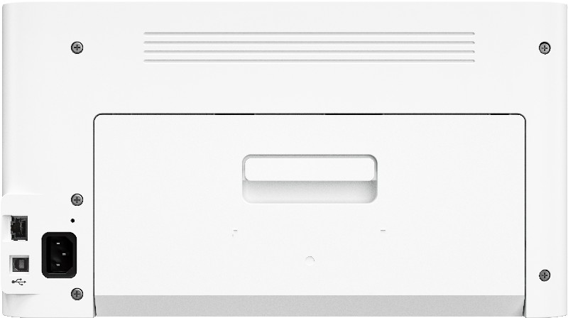 La parte trasera de una impresora blanca que muestra puertos para cables de alimentación, USB y red.