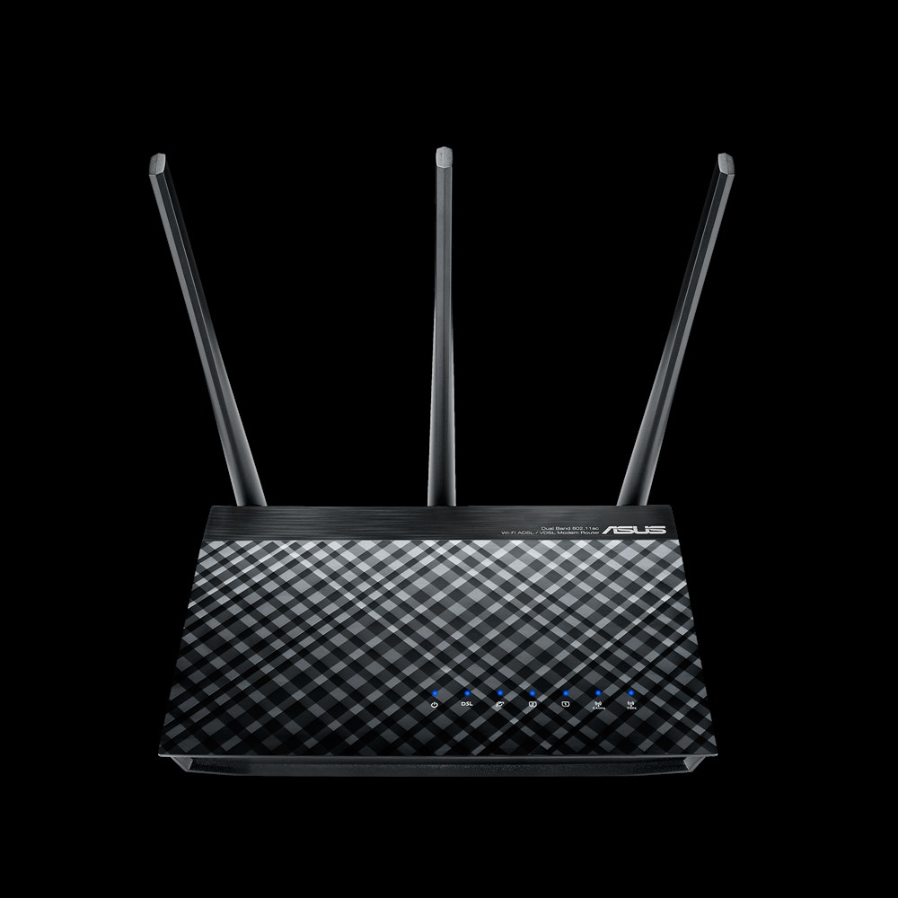 Siyah bir arka plan üzerinde üç antenli siyah bir Wi-Fi yönlendirici.