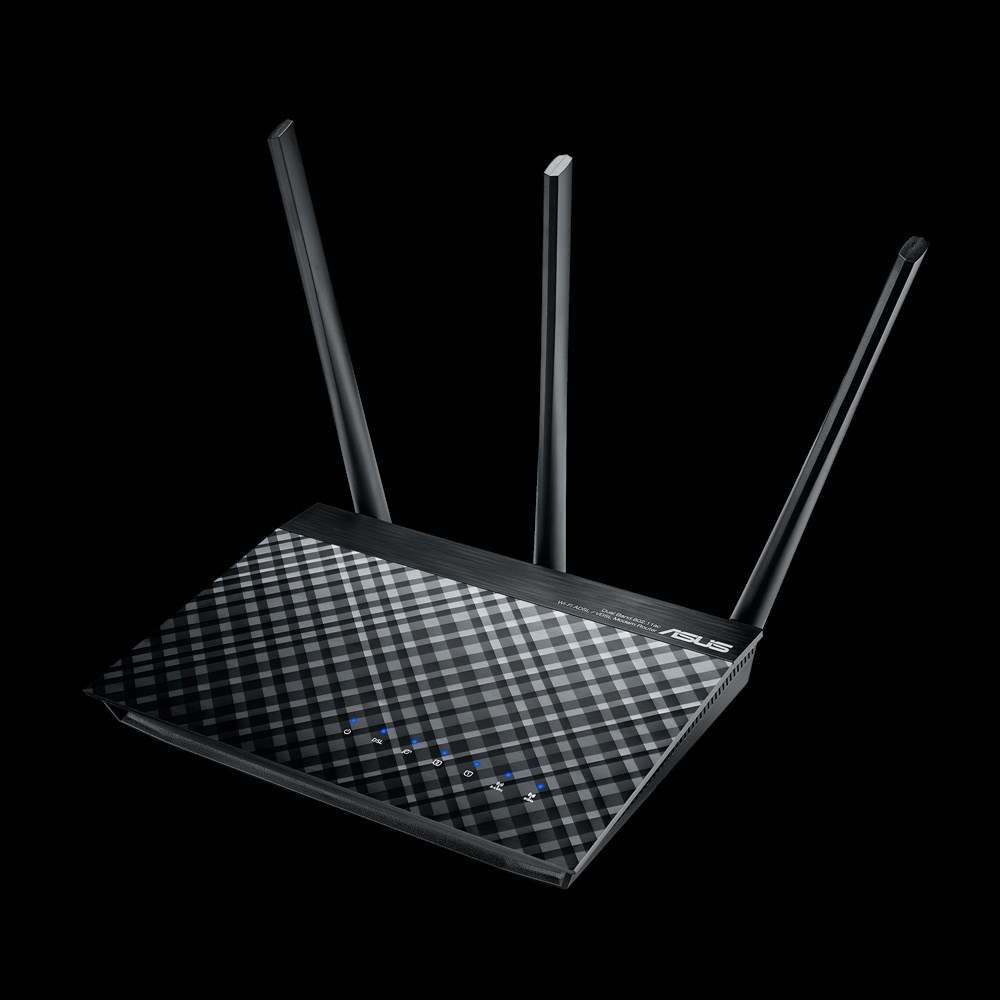 Karanlık bir arka plan üzerinde antenli siyah ve gri bir ASUS Wi-Fi yönlendirici.