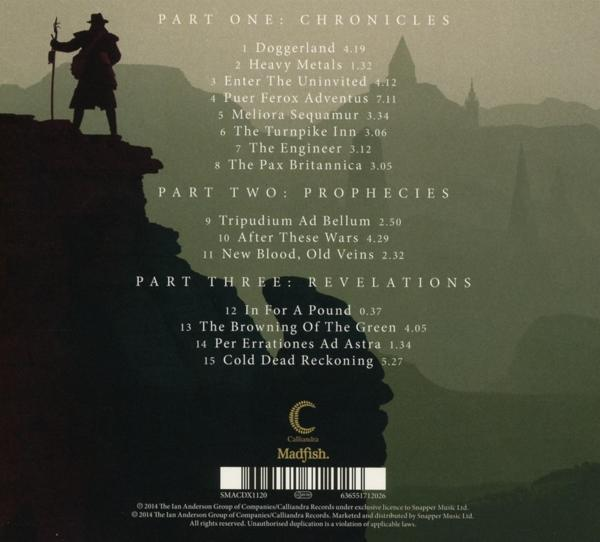 CD-Rückseite mit Songtiteln und Credits. Dunkler Hintergrund, weißer Text. Silhouette einer Person.