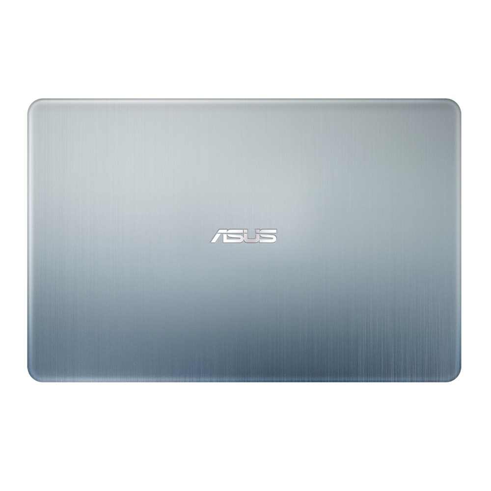 Üstünde ASUS logosu bulunan gümüş bir dizüstü bilgisayar ve degrade mavi renk.