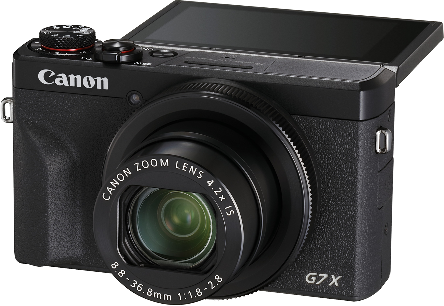 Zwarte Canon G7X camera met lens en scherm.