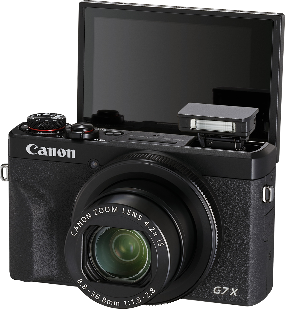 Zwarte Canon camera met uitklapbaar scherm en flits, zwarte achtergrond.