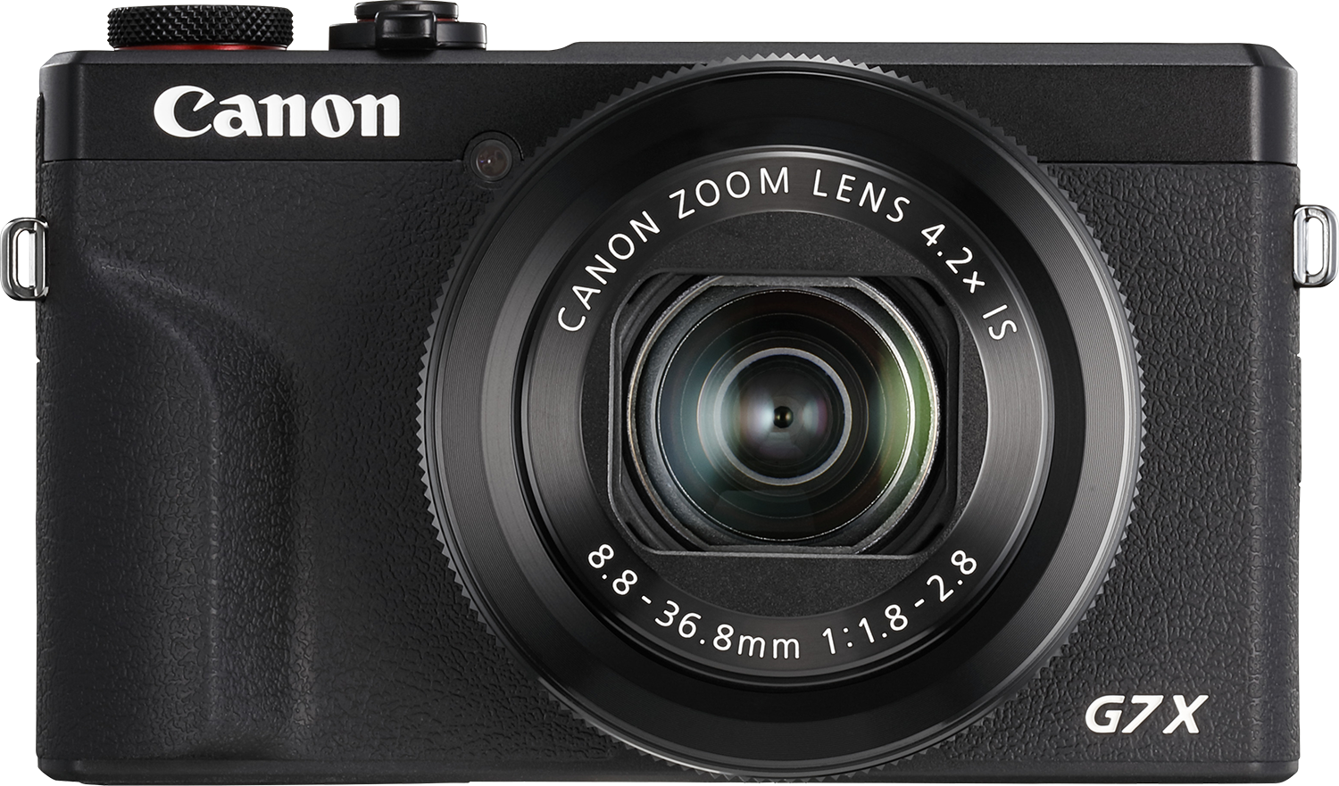 Zwarte Canon G7X camera, lens scherpgesteld, met Canon Zoom Lens details en G7X rechtsonder.