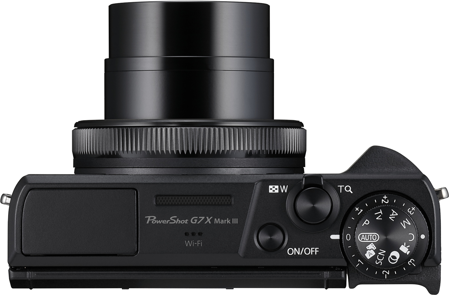 Een bovenaanzicht van een zwarte camera met een lens en bedieningsknoppen.