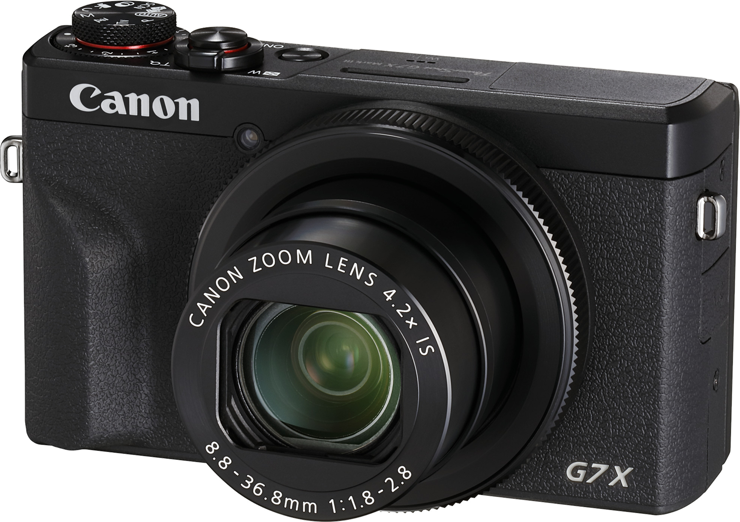 Een zwarte Canon G7X camera met lens en draaiknoppen, schuine weergave.