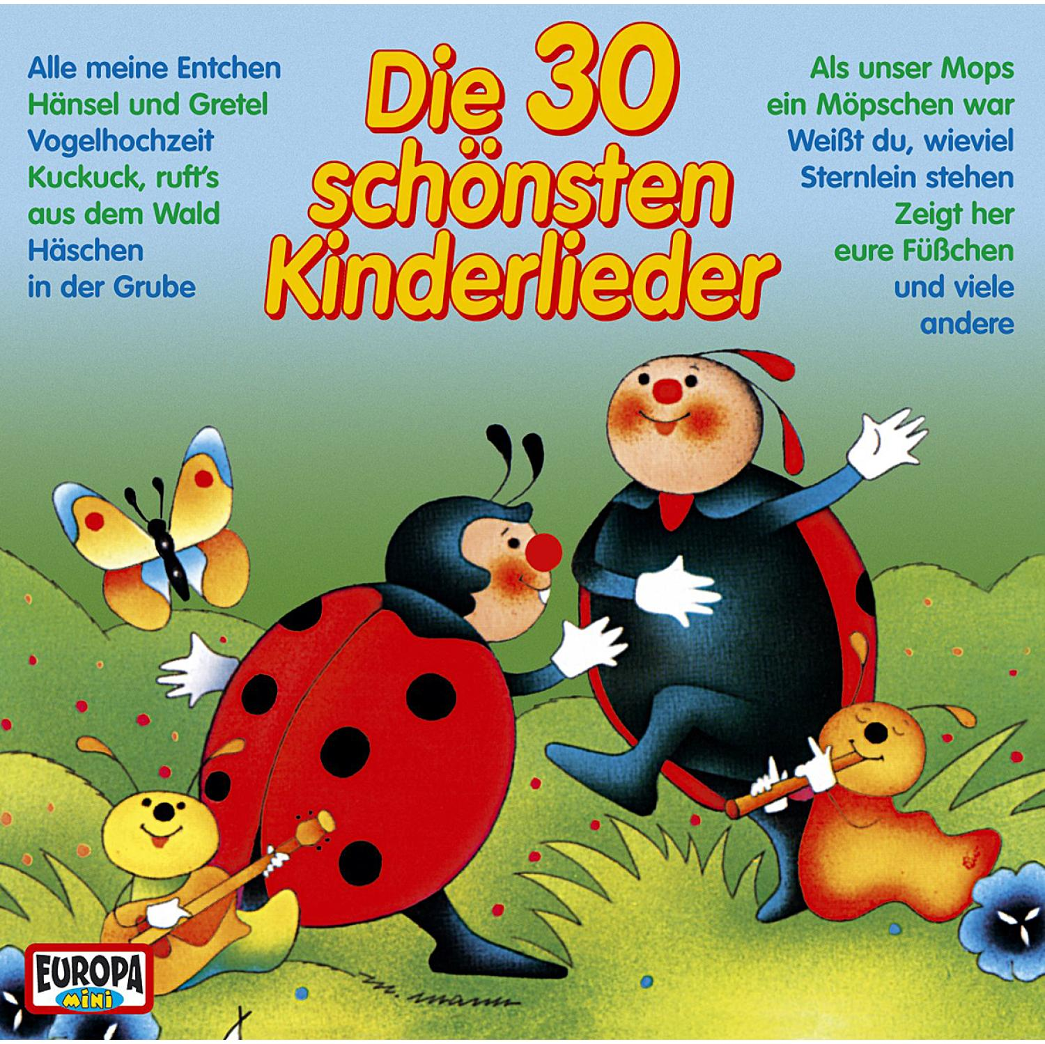 CD-Cover mit Zeichentrick-Marienkäfern, Schmetterling und Noten. Helle Farben auf weißem Hintergrund.