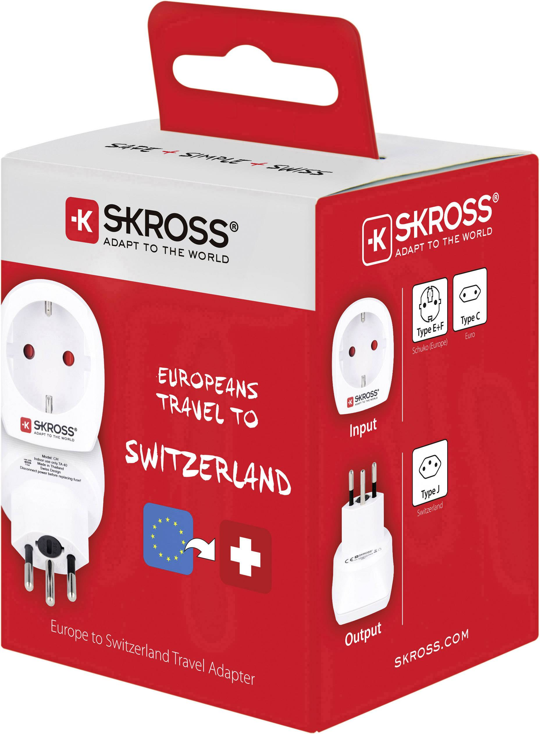 Eine Verpackung mit einem Adapter mit der Aufschrift 'Europeans travel to Switzerland'. Die Box ist rot und weiß.