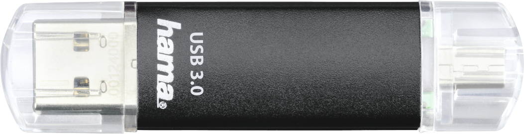 Clé USB 3.0 noire et transparente. La marque 'hama' est visible.
