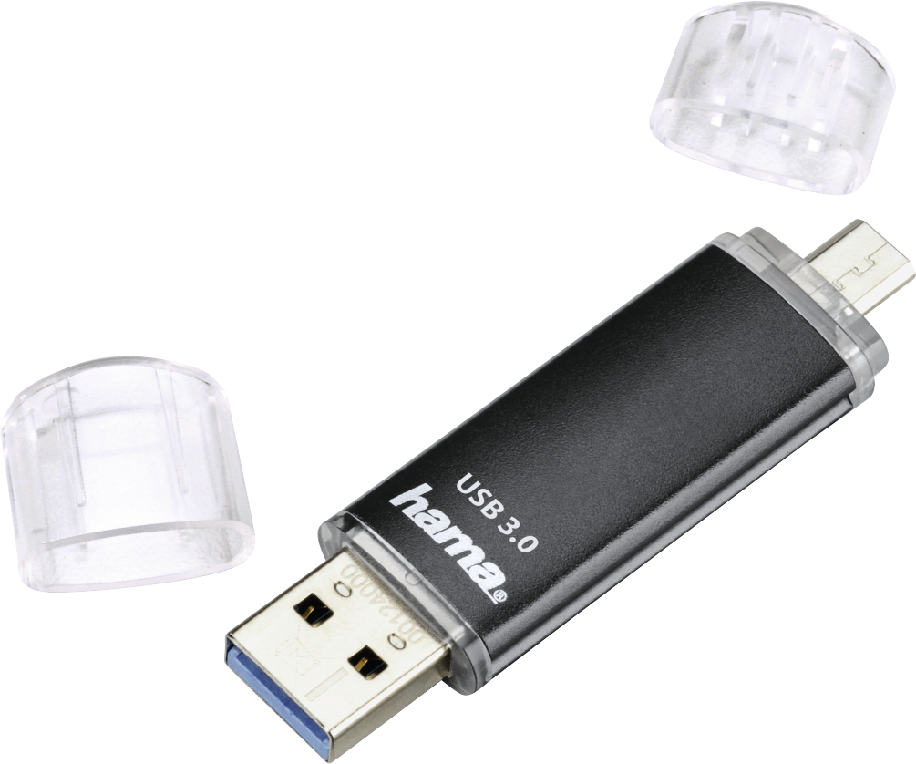 Clé USB 3.0 noire avec capuchons transparents, montrant les extrémités USB et micro-USB.