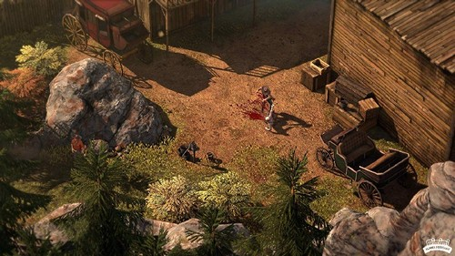 Vista superior de una escena de juego. Figuras luchando, carruajes y edificios de madera en un pueblo.