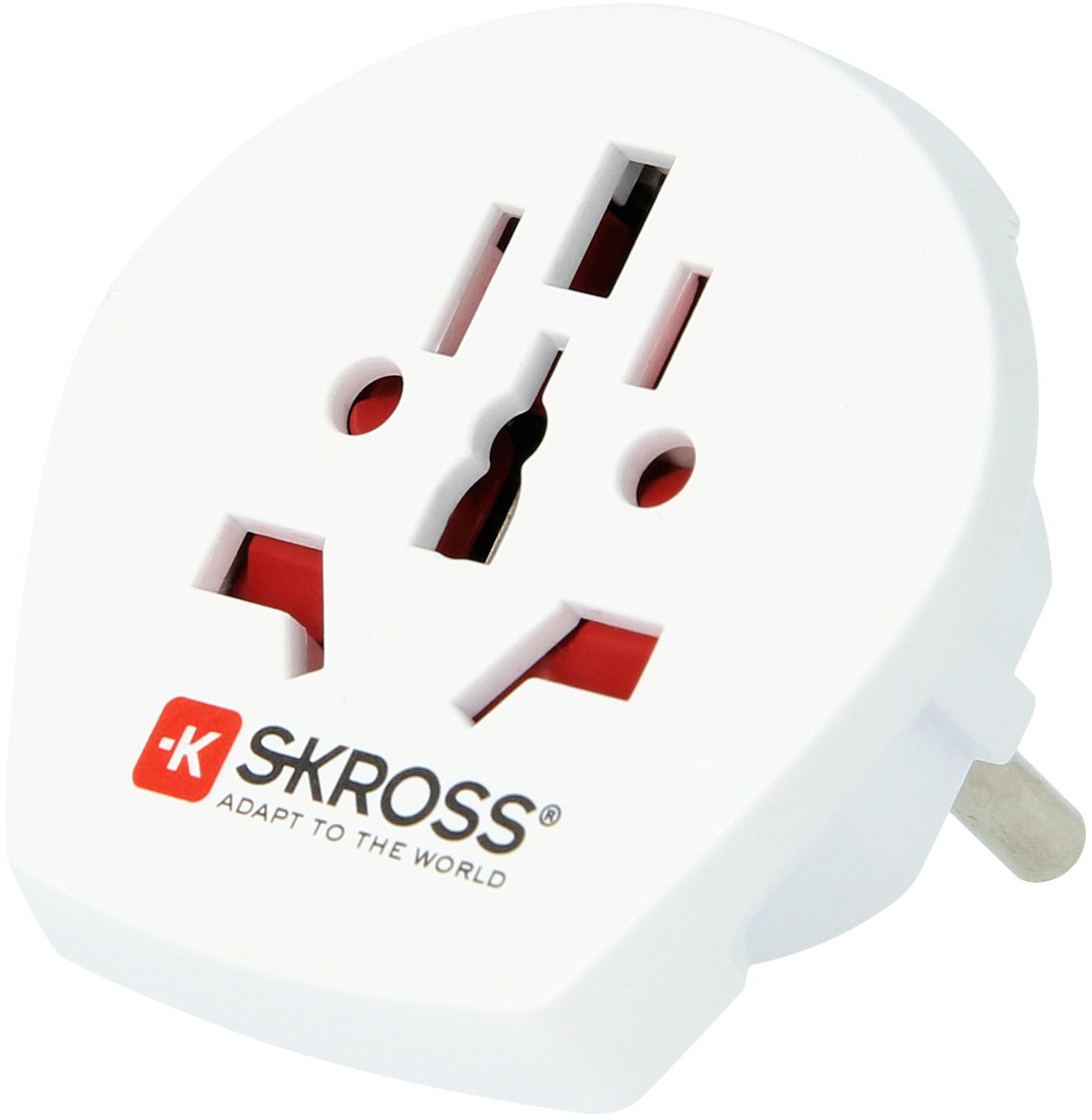 Adattatore da viaggio bianco con configurazioni multiple di spina e segni rossi.