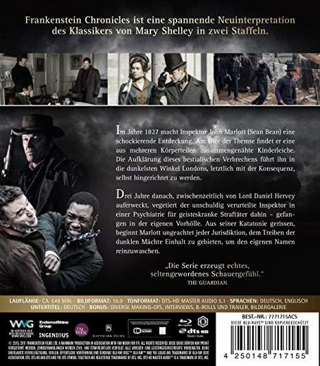 Filmcover mit Schauspielern in historischer Kleidung. Text auf Englisch und Deutsch, wirbt für die Serie Frankenstein Chronicles.