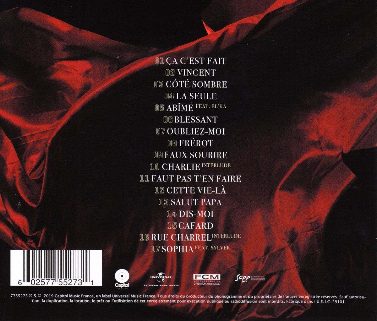 Album cover with tracklist. Red fabric background. White text on black background.