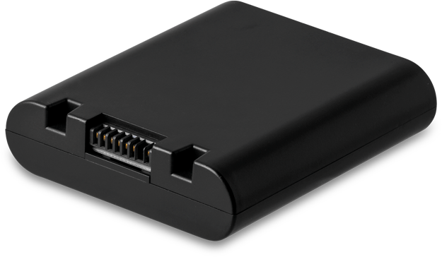 Zwarte camera-accu met zichtbare connector pinnen.