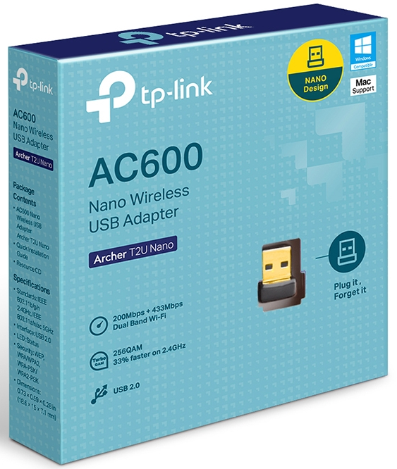 Scatola adattatore USB Nano TP-Link AC600. Blu, bianco e giallo. Info prodotto e adattatore USB.