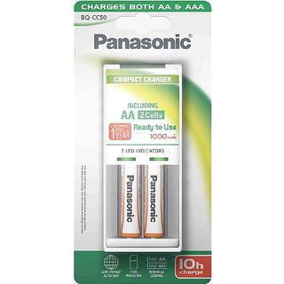 Pilas recargables con cargador - Panasonic, 2 pilas AA con cargador para pilas AA y AAA