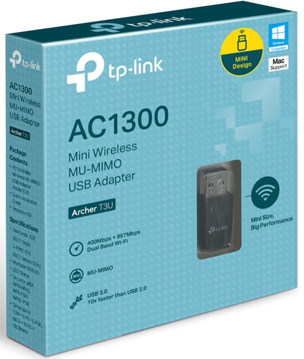 Una scatola per un adattatore USB wireless TP-Link AC1300 Mini. L'adattatore è visibile.