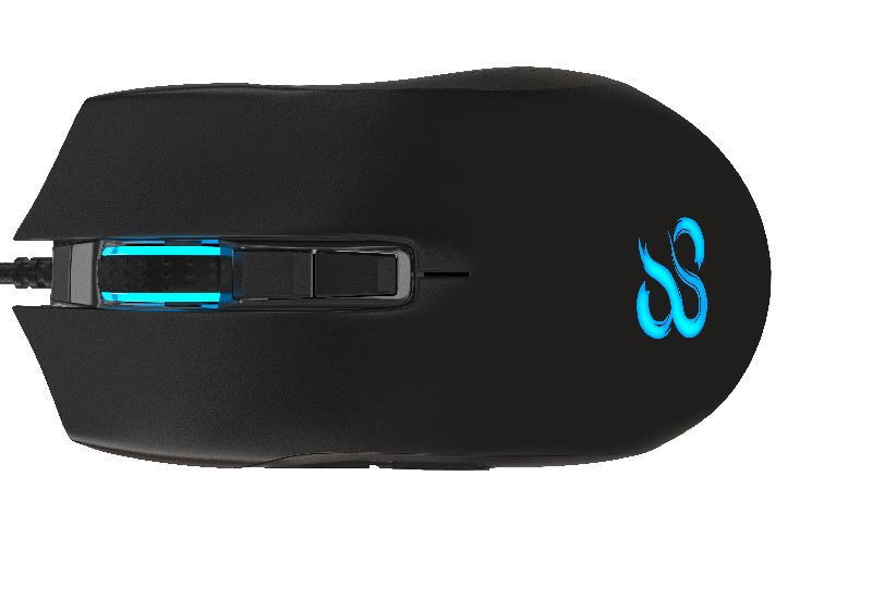 Ratón gaming negro con logotipo e iluminación azules.