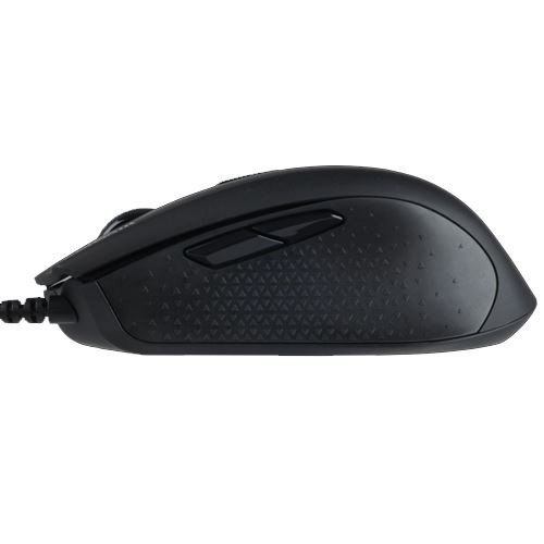 Ratón de ordenador negro con agarre texturizado y cable.
