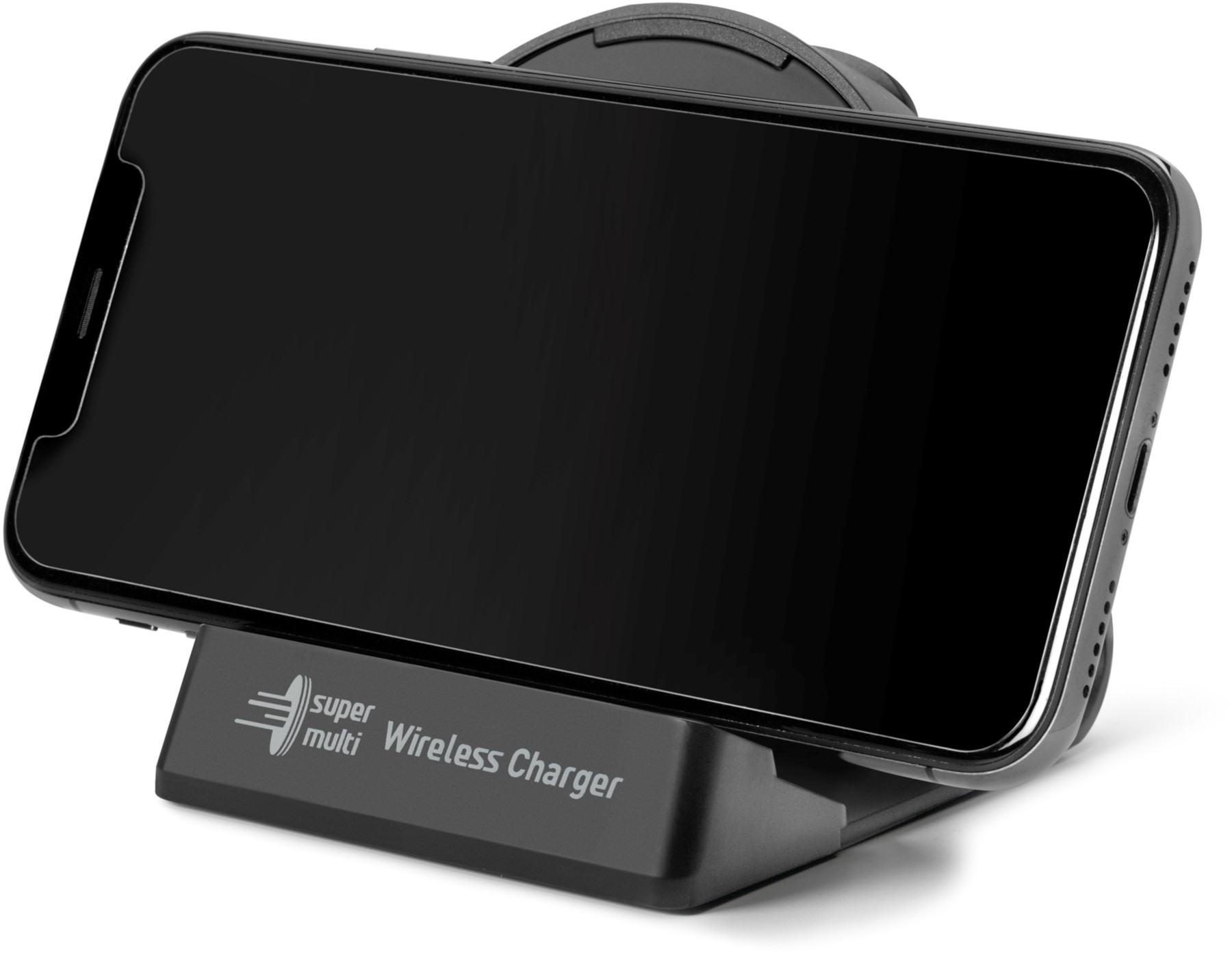 Black wireless charger with a phone on it. The charger has the logo "super multi".