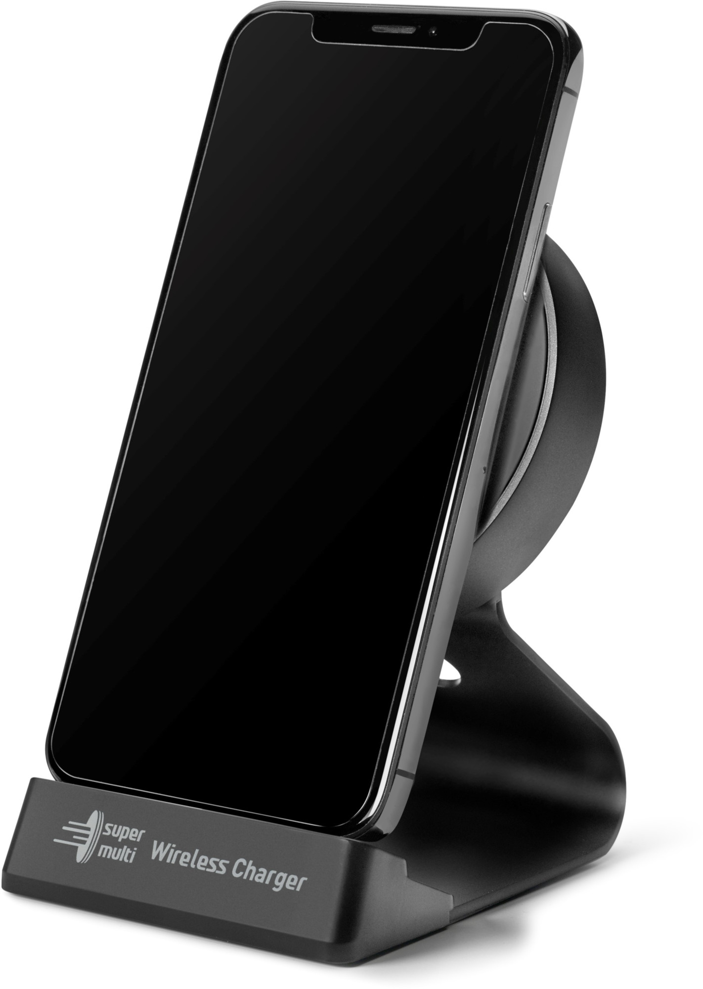 Black wireless charger with a black phone on it.