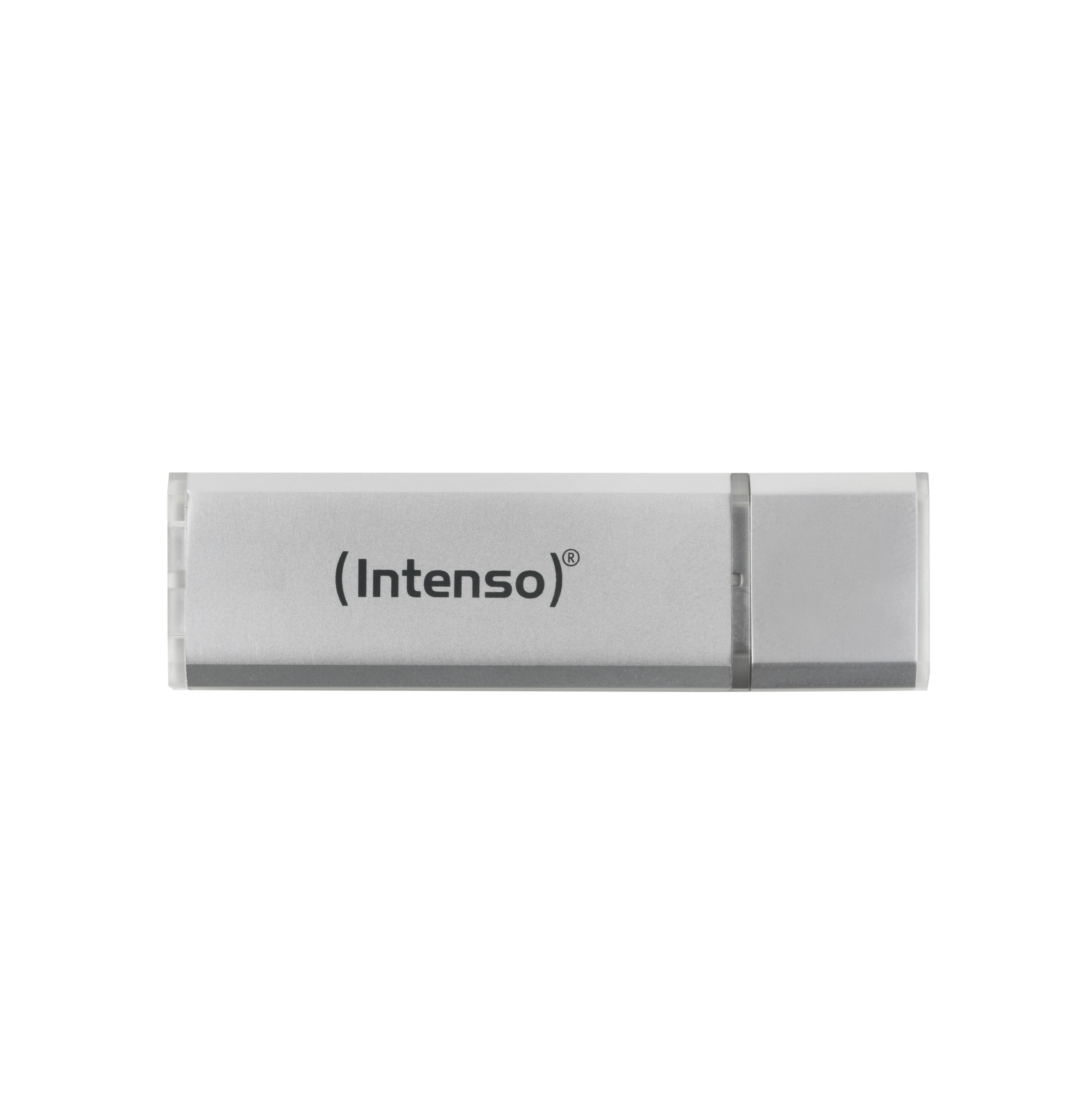 Silberner Intenso USB-Stick. Weißer Hintergrund.