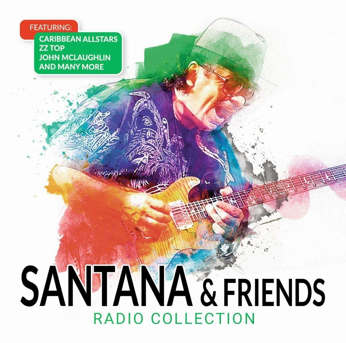 Albumcover für Santana & Friends. Bunte Illustration von Santana beim Gitarrespielen, Text unten.