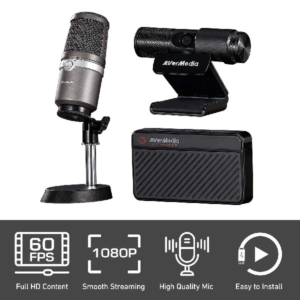 Capturadora de vídeo - Avermedia Pack Streaming, Capturadora de vídeo + Micrófono USB + Webcam, Negro
