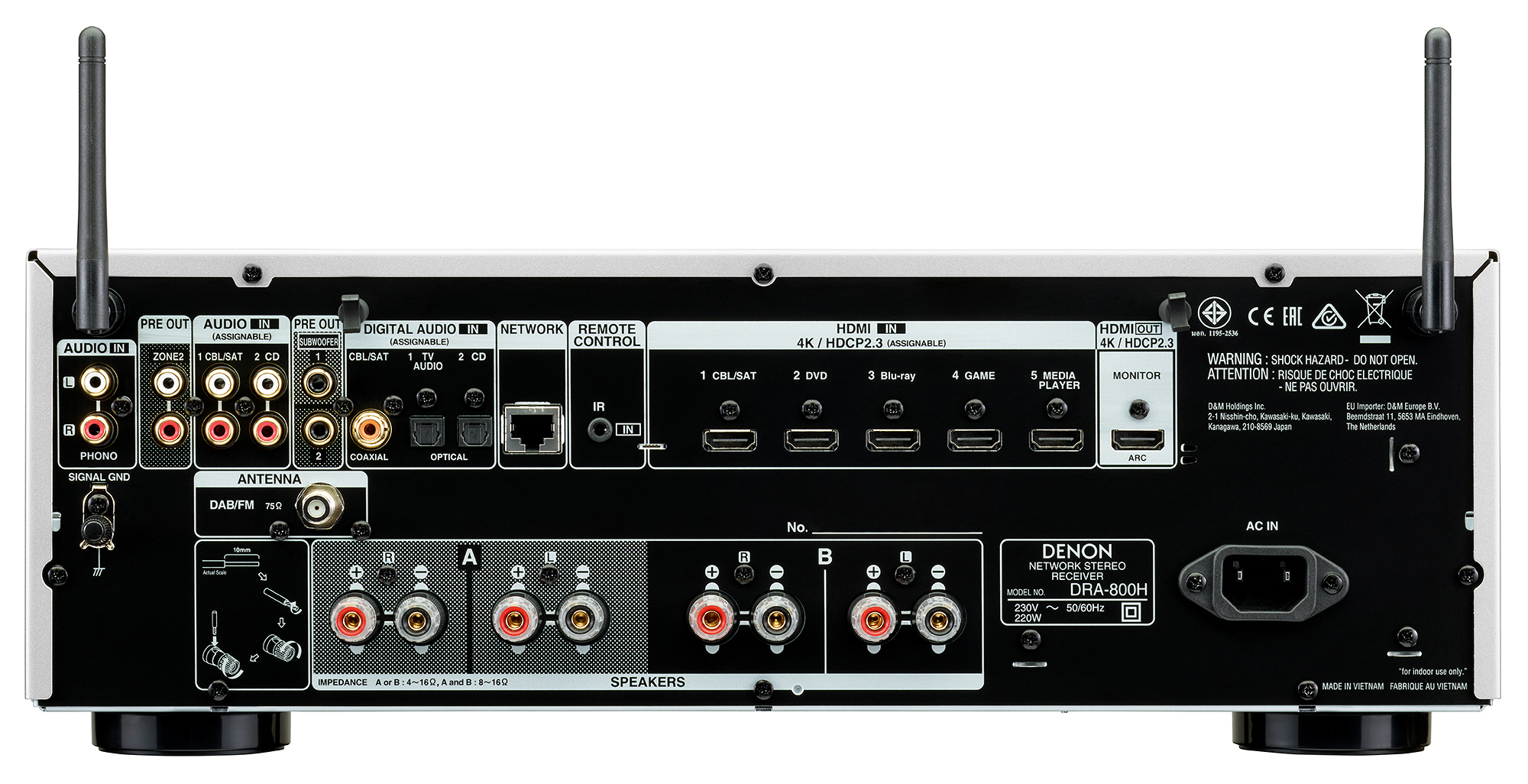 Schwarzer Denon Netzwerk-Stereo-Receiver, Rückansicht mit Anschlüssen und Antennen.