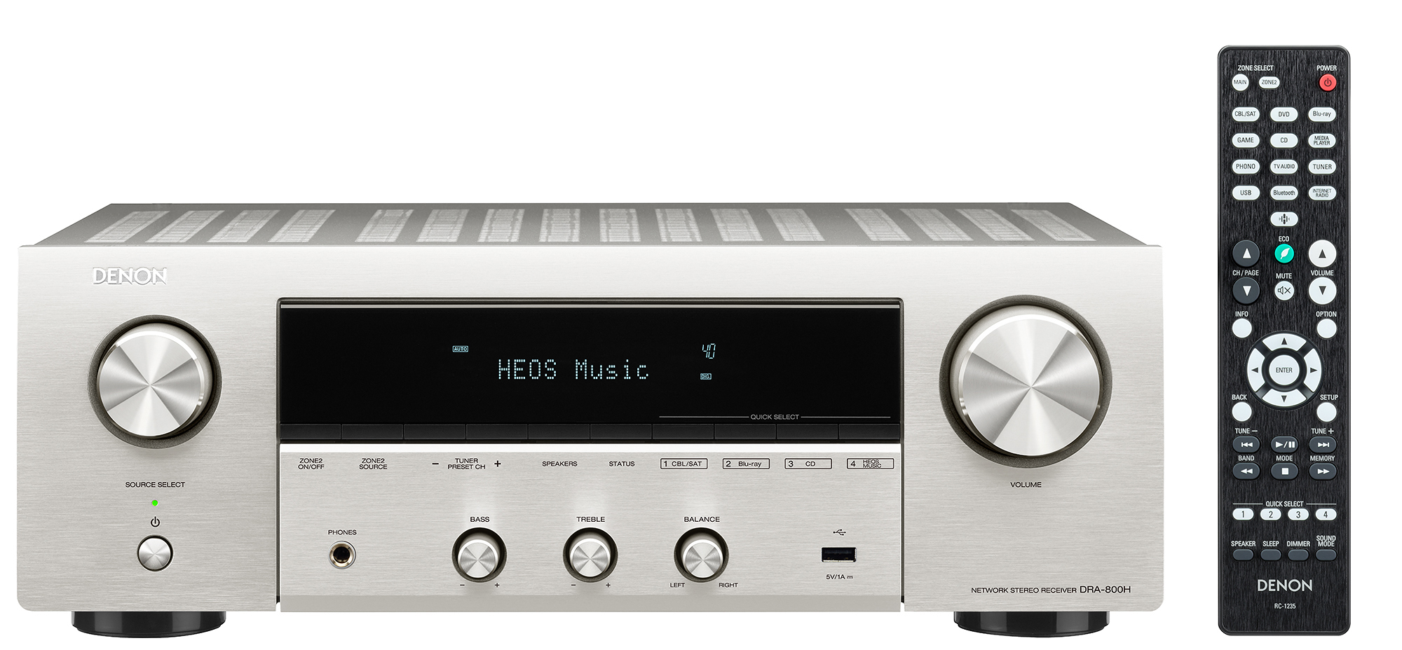 Ein Denon Stereo-Receiver mit Fernbedienung rechts.