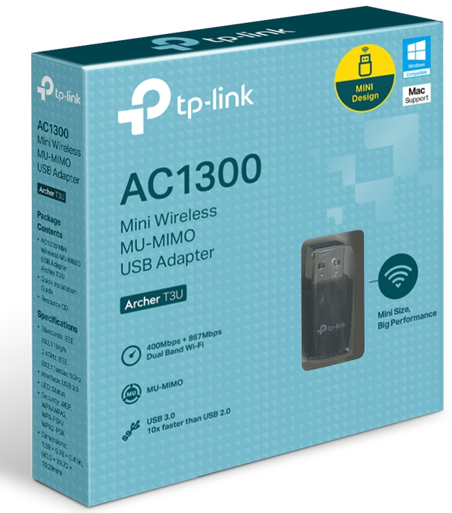 Une boîte bleue d'un adaptateur USB tp-link montrant l'adaptateur et ses fonctionnalités. La boîte a un fond blanc.