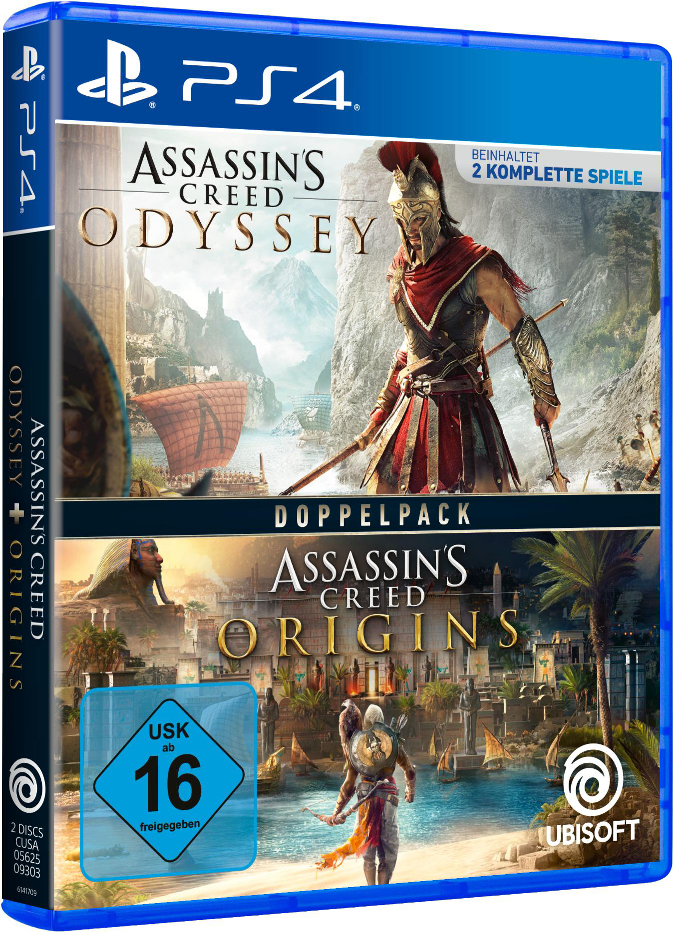 Eine PS4-Spielbox mit Assassin's Creed Odyssey und Origins, mit einem Krieger und einem Pharao.