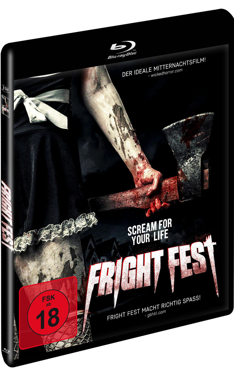 Fright Fest-Filmcover: Eine Frau hält eine Axt mit Blut, Horror-Thema mit Text und Bewertungssymbol.