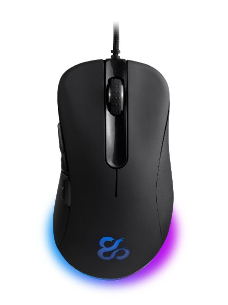 Ratón gaming negro con luces LED. Botones laterales y superiores.