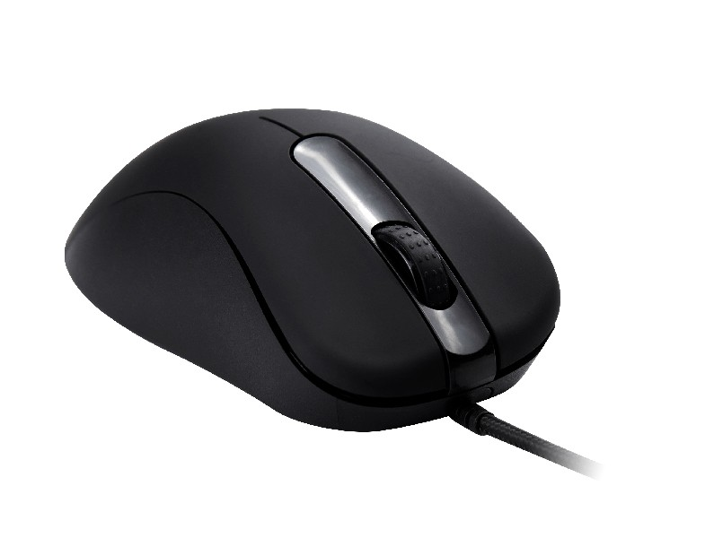 Ratón de ordenador negro con rueda de desplazamiento, sobre fondo blanco.