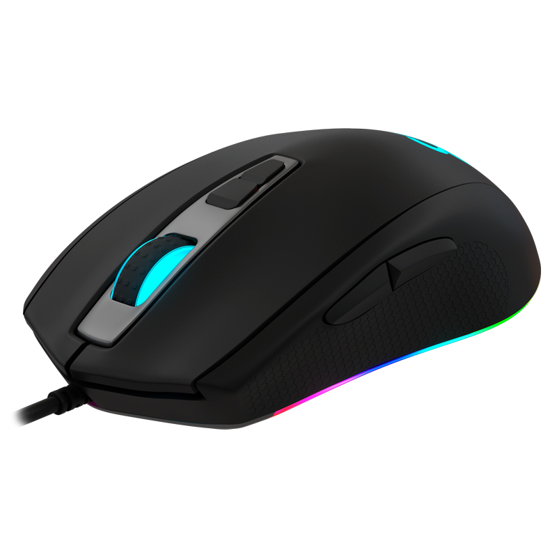 Ratón gaming negro con iluminación RGB, botones laterales y agarre texturizado.